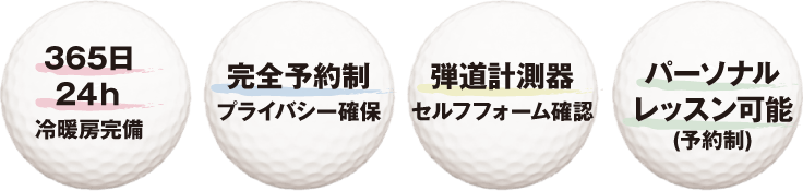 365日24日 冷暖房完備、完全予約制 プライバシー確保、弾道計算機 セルフフォーム確認、パーソナルレッスン可能（予約制）